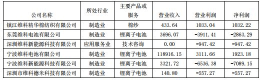 2018年完對維科電池凈利潤的影響達到10%以上子公司業績